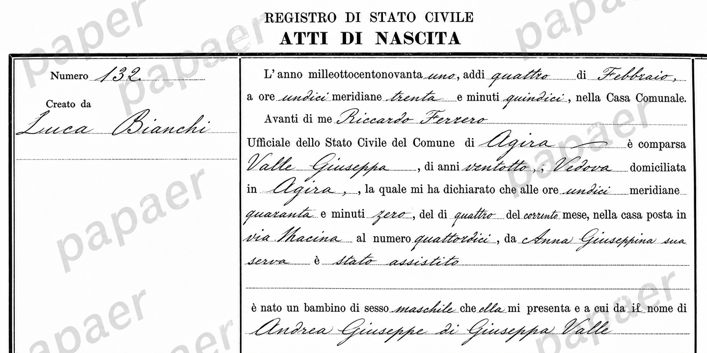 Handwritten Italian birth register page from the 1890s