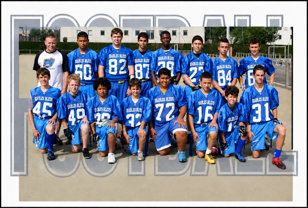 Youth American-football team photo with club badges and a printed list of names