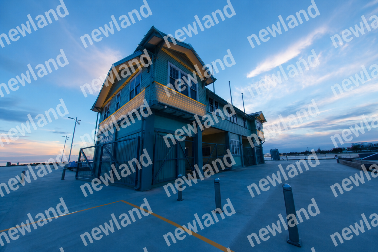 Blue and yellow timber pier building under a wide evening sky