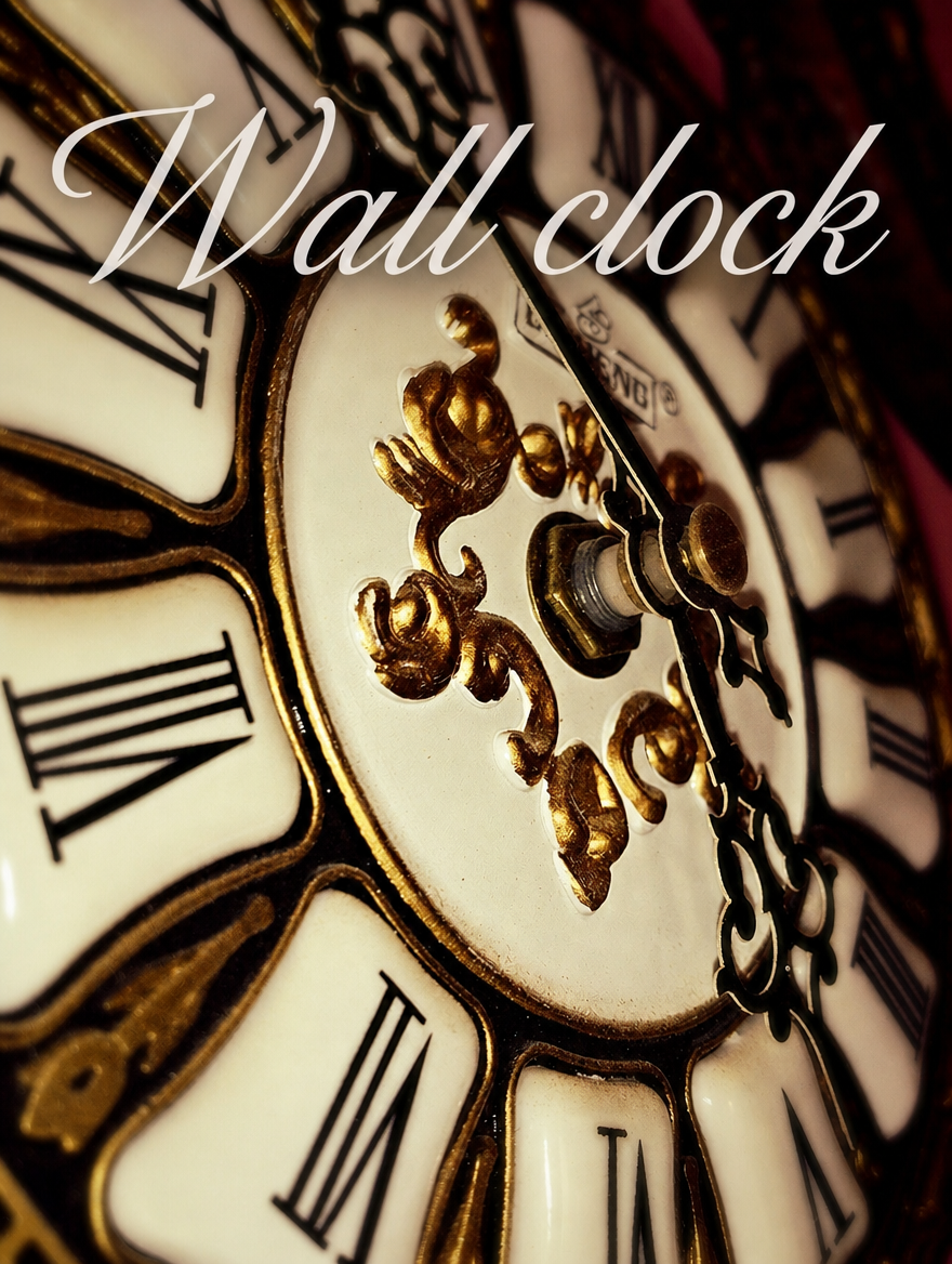 Close-up of an ornate clock face with Roman numerals and gold scrollwork