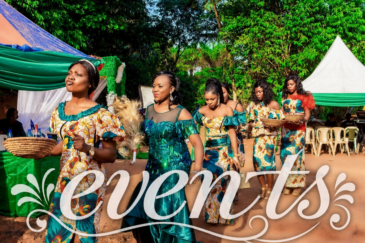 Women in patterned dresses dancing at an outdoor celebration
