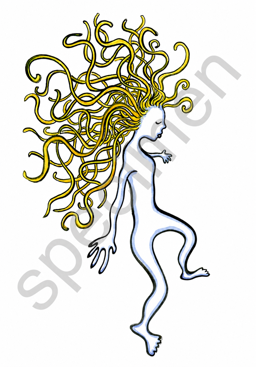 Line drawing of a figure with long golden snake-like hair