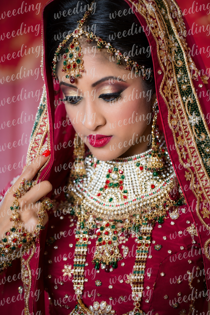 Bride in a red and gold dupatta with heavy gold jewellery