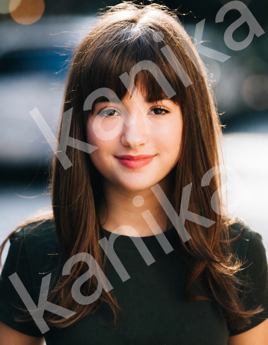 Young woman with long brown hair and a fringe, smiling, in a black top