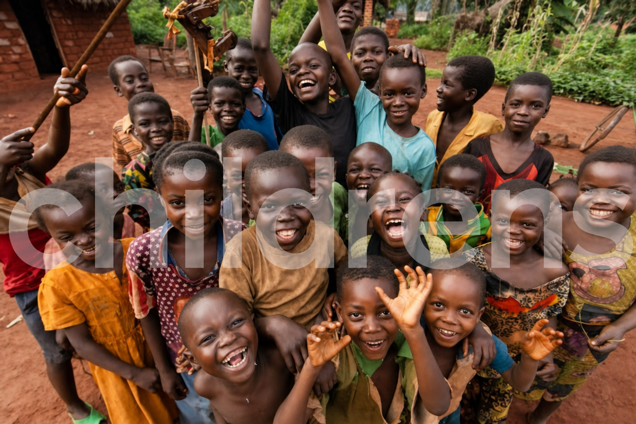 Crowd of laughing children waving at the camera