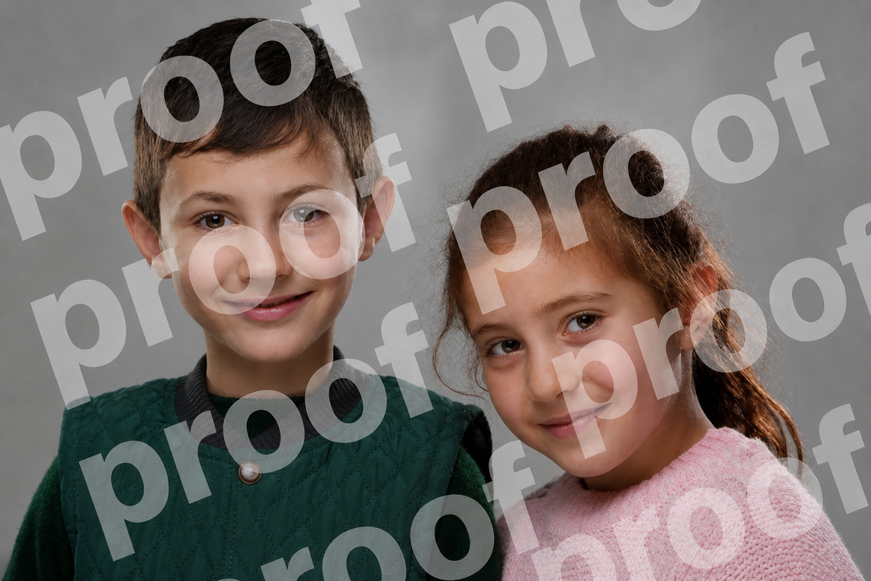 Studio portrait of a boy and a girl, heads together