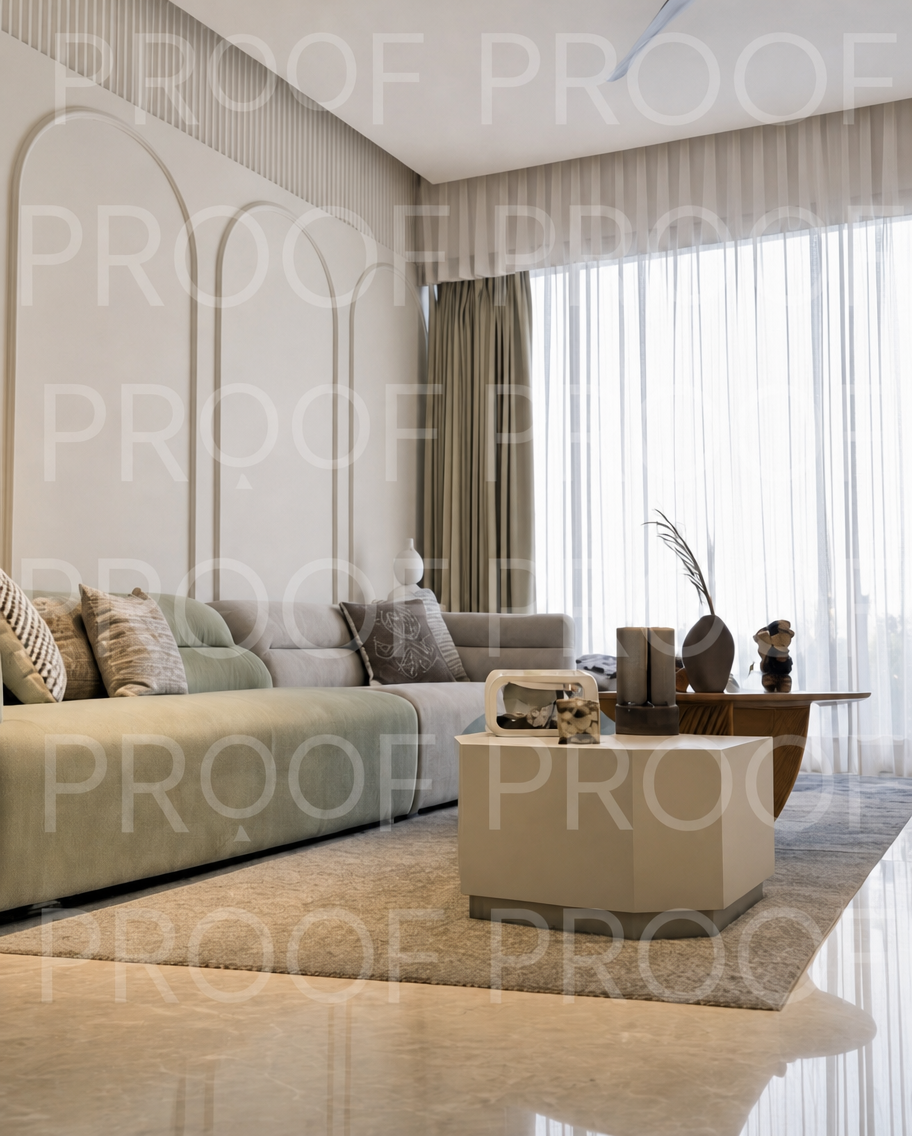 Living room with arched wall panels, a pale green sofa and sheer curtains