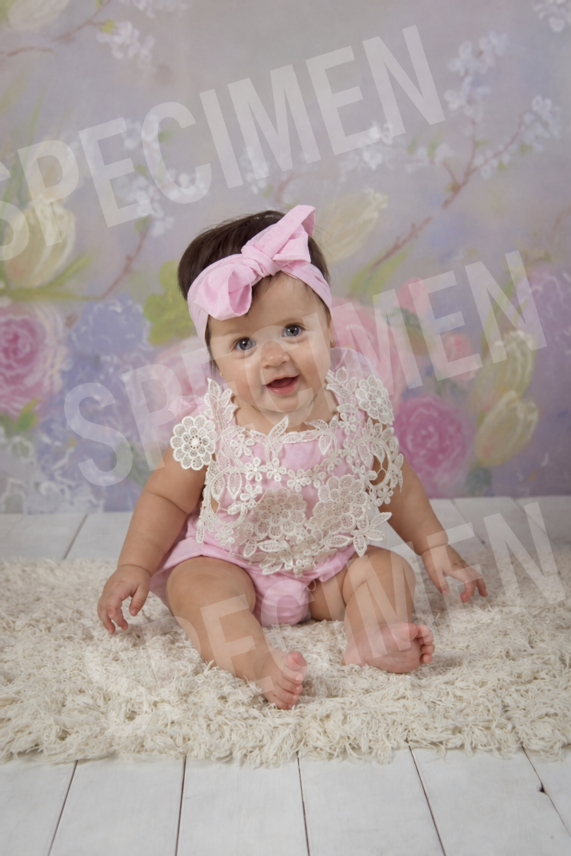 Baby in a pink bow sitting on a fluffy rug against a floral backdrop