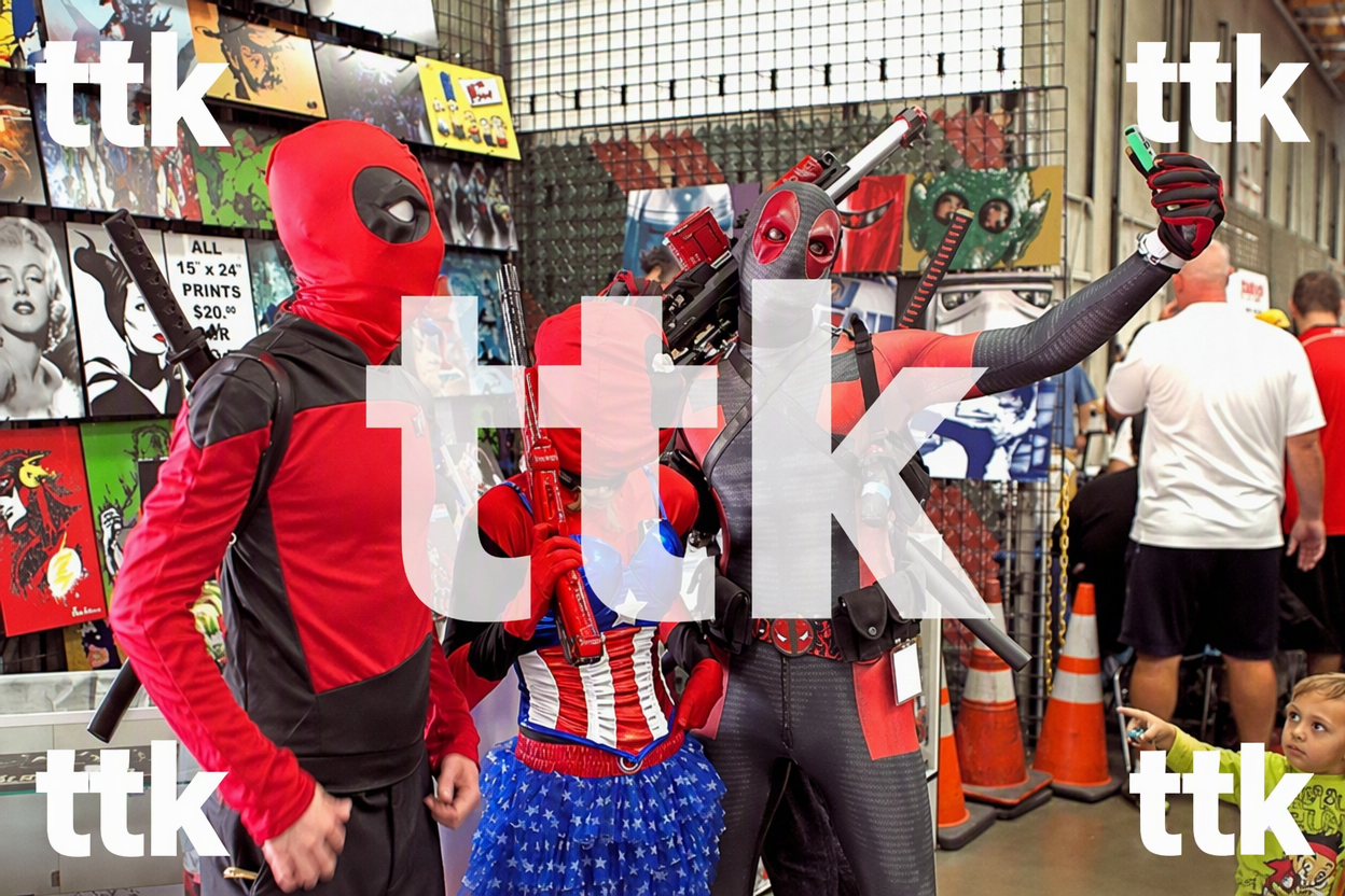 People in superhero costumes at a comic convention stall