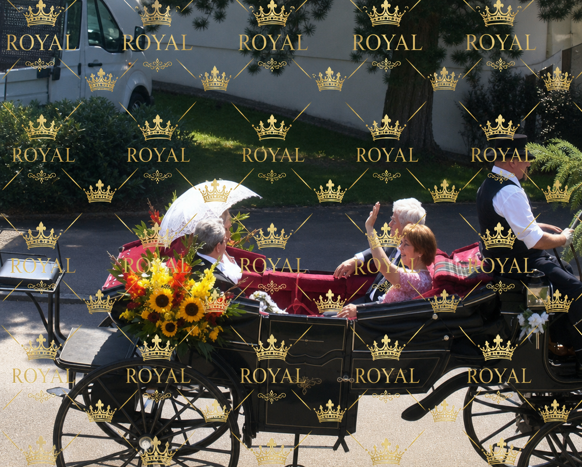 Couple waving from an open horse-drawn carriage decorated with sunflowers